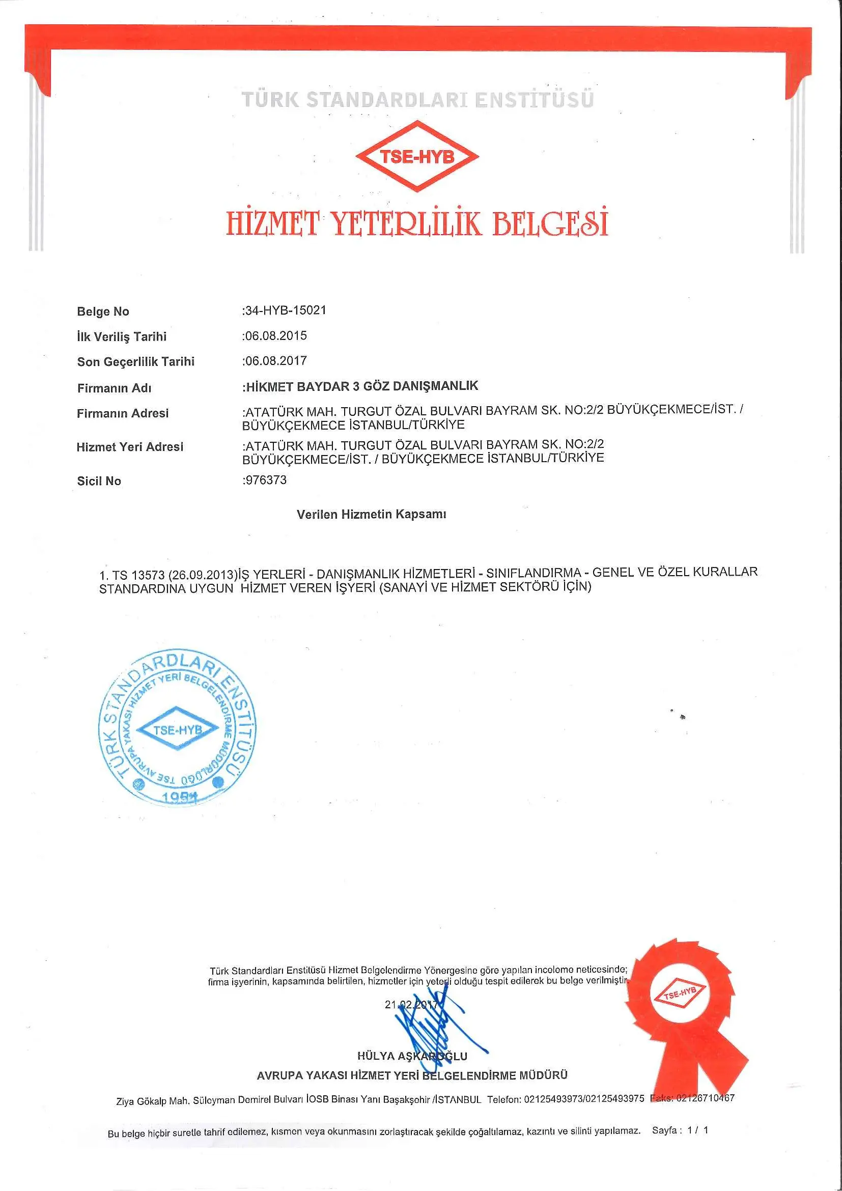 3. Göz Danışmanlık Belgeler ve Sertifikalar